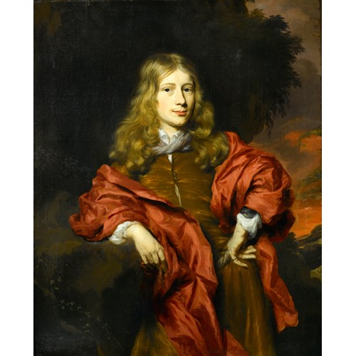 Portrait of a Gentleman, Three-Quarter Length, in a Brown Tunic with a Red Cloak  in a Wooded Landscape, at Sunset